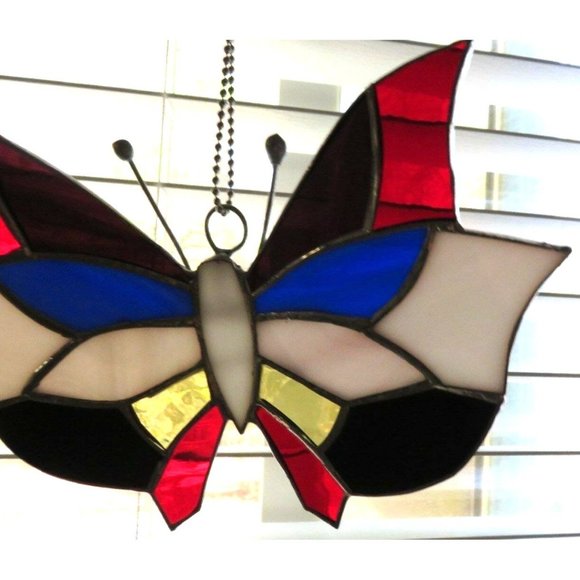 Vintage Stained Glass Butterfly Hand-Crafted Sun Catcher Red Blue White - Picture 12 of 12